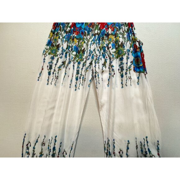 Elepants Women's Boho Harem Hippie Pants Cold Wash White Blue Floral Stretch - Picture 14 of 16